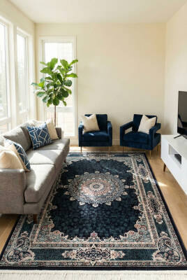 Amasra Mavi Halı Modern Dokuma Halı Yumuşak Oturma Odası Salon Çocuk Odası Mutfak Halısı P122C - 1